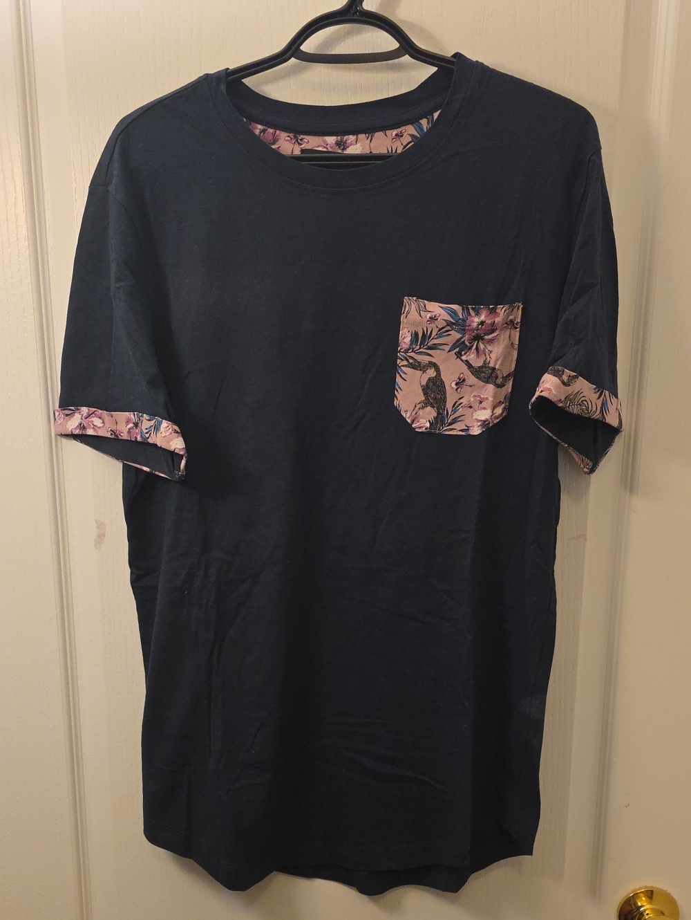 Men's Navy T-Shirt with Pink Floral Pocket